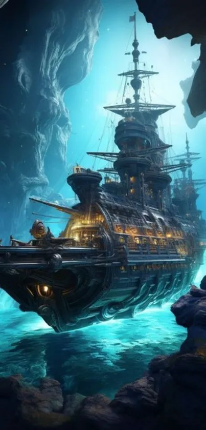 Mystical ship in an underwater cavern with glowing azure waters.