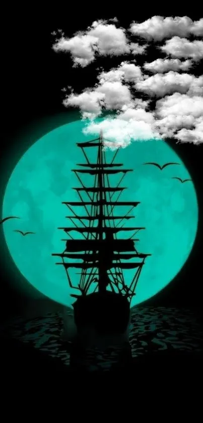 Silhouette of a ship against a teal full moon with birds and clouds.