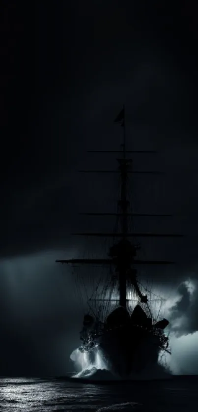 Silhouette of a ship on a dark, stormy sea under moonlight.