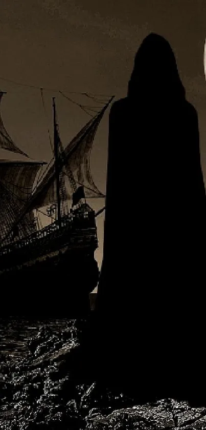 Ship under full moon at rocky shore with mysterious figure in sepia tones.