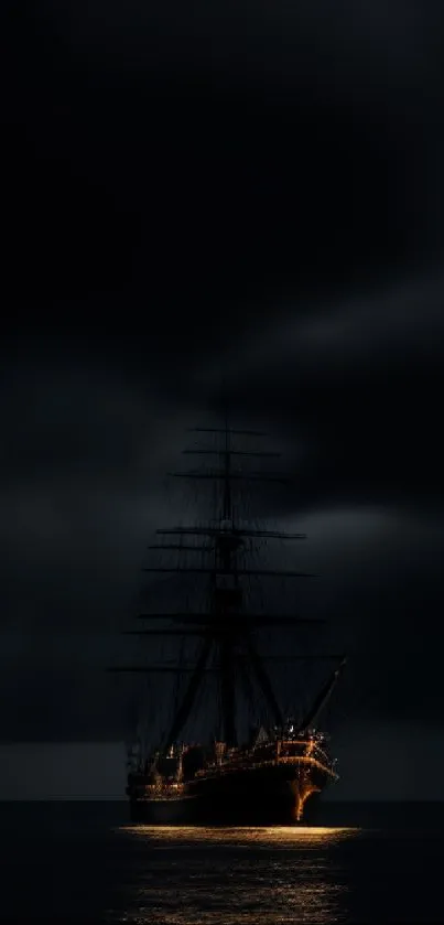 A glowing ship sails through dark waters under a dramatic sky.