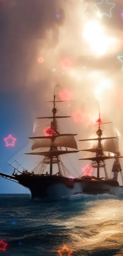 Historic ship sailing under starry skies with mystical ocean waves.