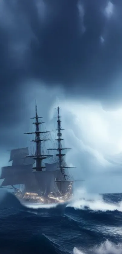 Mystical ship sails through stormy ocean waves under a dark sky.