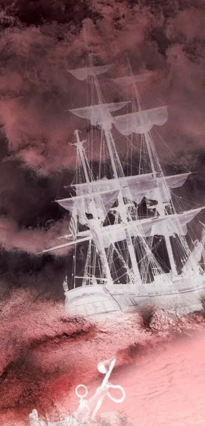 Ghostly white ship framed by pink clouds and misty seascape.