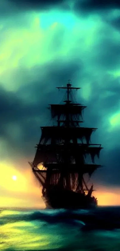 Mystical ship silhouette with ocean and dramatic sky at sunset.