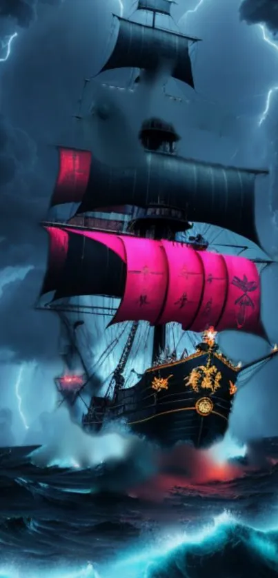 Mystical ship sailing through stormy ocean with lightning and pink sails.