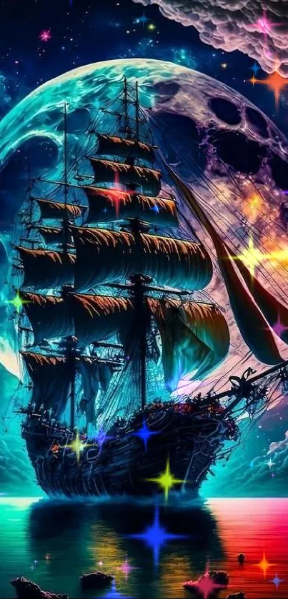 Mystical ship sailing under a neon blue moon with cosmic waves.