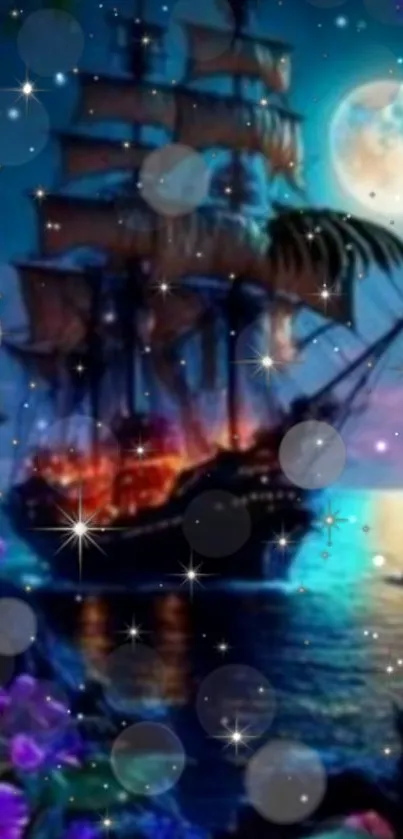 Mystical ship sails under a glowing moon.