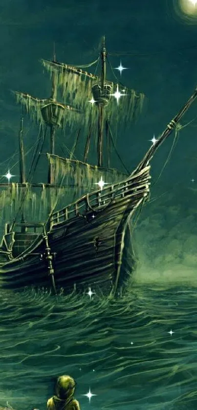 Ghostly ship sails under a teal moonlit sky.