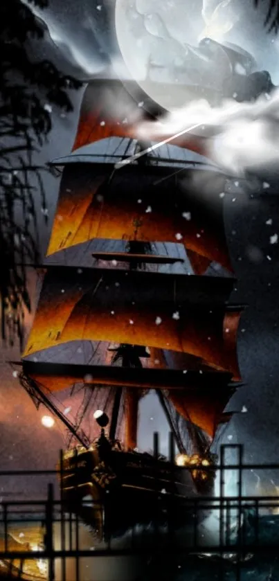 Mystical ship sails under a moonlit night sky, casting enchanting shadows.