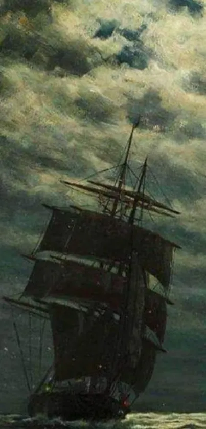 Ship sailing under a moonlit sky with dark clouds.