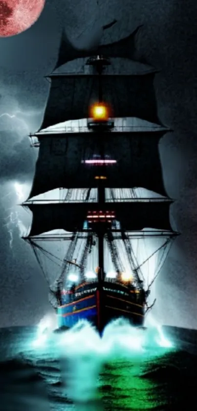 Mystical ship sails under a vibrant moonlit sky, surrounded by dark waters.