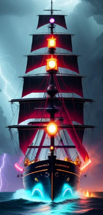 Mystical ship sailing in a stormy sea with lightning and vibrant illumination.