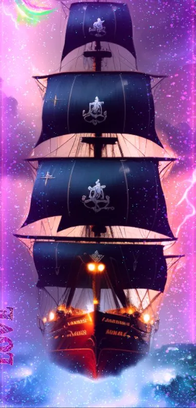 Tall ship sails through a cosmic ocean with neon lights and starry sky.