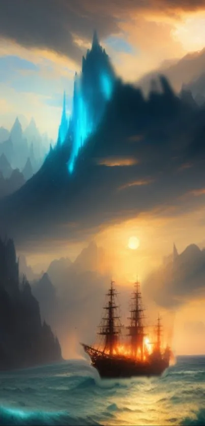 Mystical ship at sunset with vibrant ocean and blue mountains.