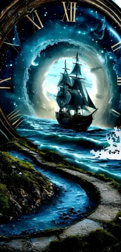 Mystical ship sailing through a surreal ocean scape with an ancient clock.