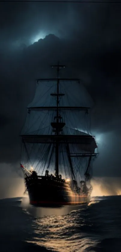 A tall ship illuminated against a dark, stormy sky on the ocean.