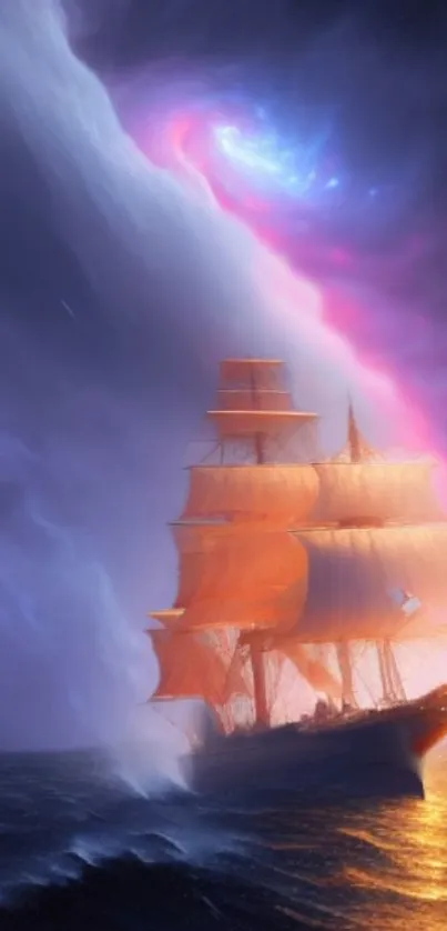 A ship sailing under a colorful twilight sky in fantasy artwork.