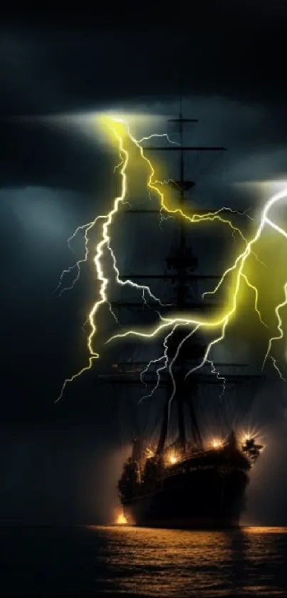 Ship at sea with yellow lightning illuminating the night sky.