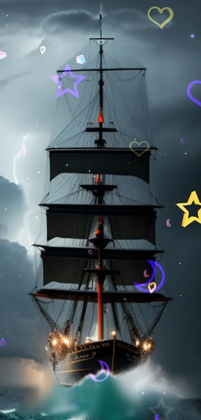 Mystical ship with stars and hearts in stormy ocean wallpaper.