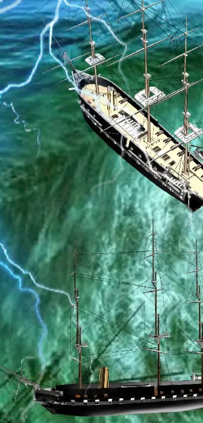 Historical ships navigating stormy seas with lightning.