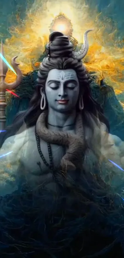 Mystical depiction of Shiva with vibrant colors and spiritual aura.