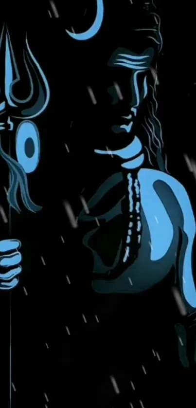 Dark-themed mobile wallpaper of Lord Shiva with a trident, highlighted in blue.