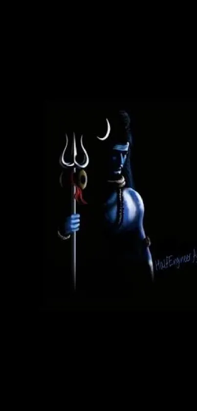 Mystical Shiva depicted in dark theme, holding a trident with blue and black tones.