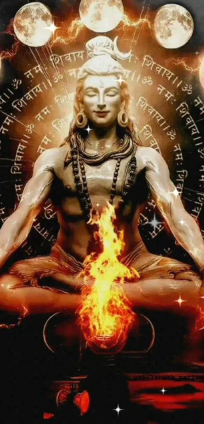 Majestic Shiva in fiery meditation pose with sacred symbols and orange hues.