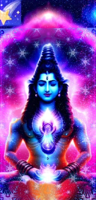 Vibrant Lord Shiva wallpaper with cosmic background in purples and blues.