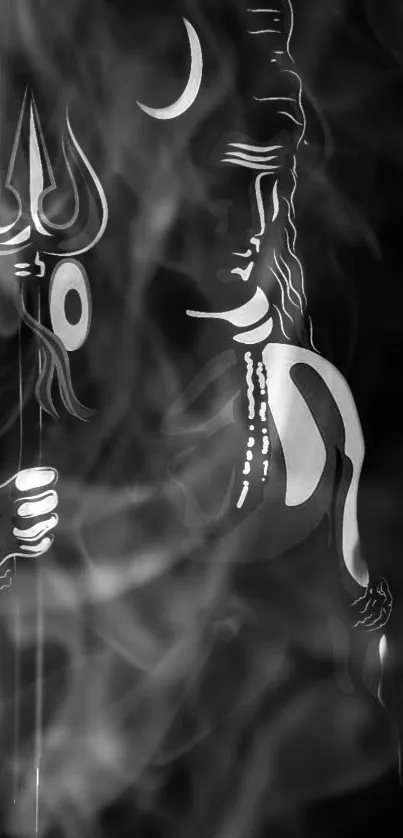 Monochrome illustration of Shiva with a trident in mystical smoke.