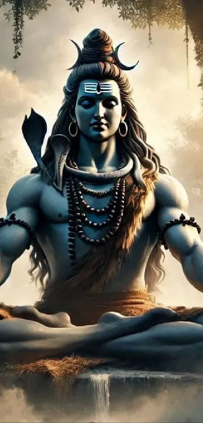 Shiva in meditation amidst a mystical setting on mobile wallpaper.