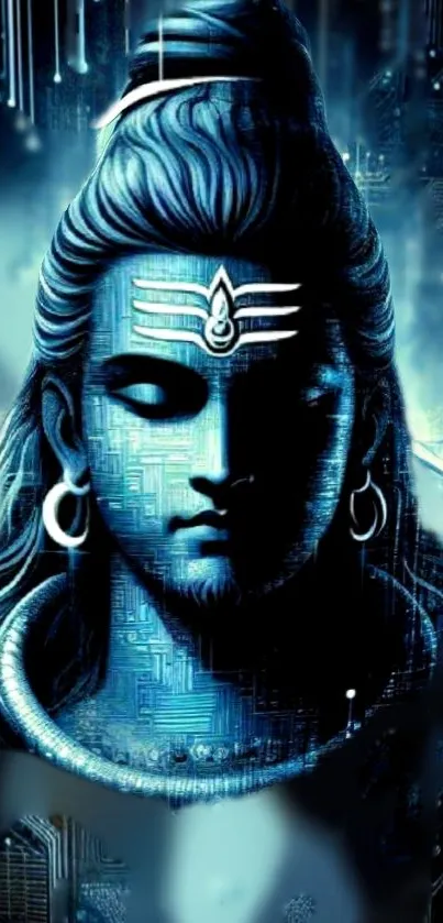 Digital artwork of Lord Shiva in mystical blue tones.