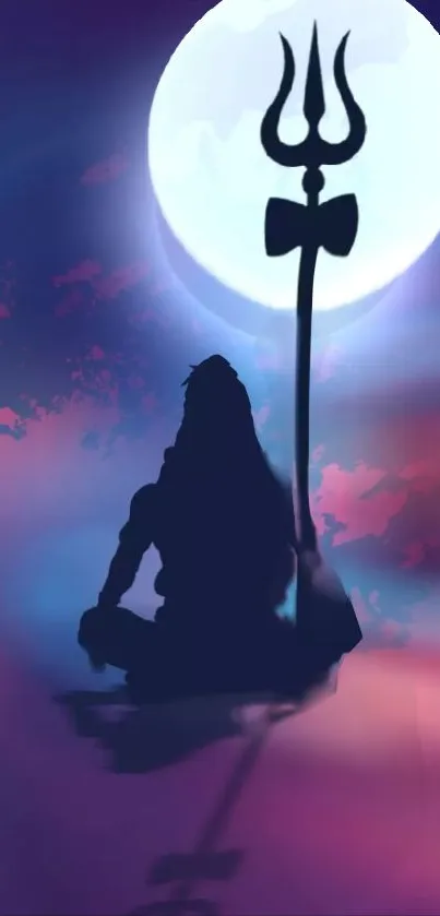 Silhouette of Shiva meditating under a full moon with vibrant blue and purple hues.