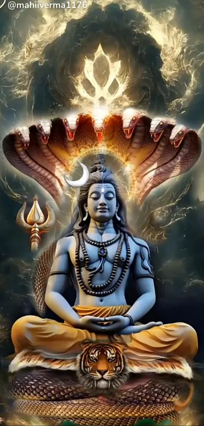 Lord Shiva meditating under cosmic sky with snakes and tiger.