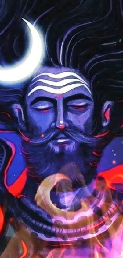 Mystical Shiva in deep blue tones with a crescent moon and flowing hair.