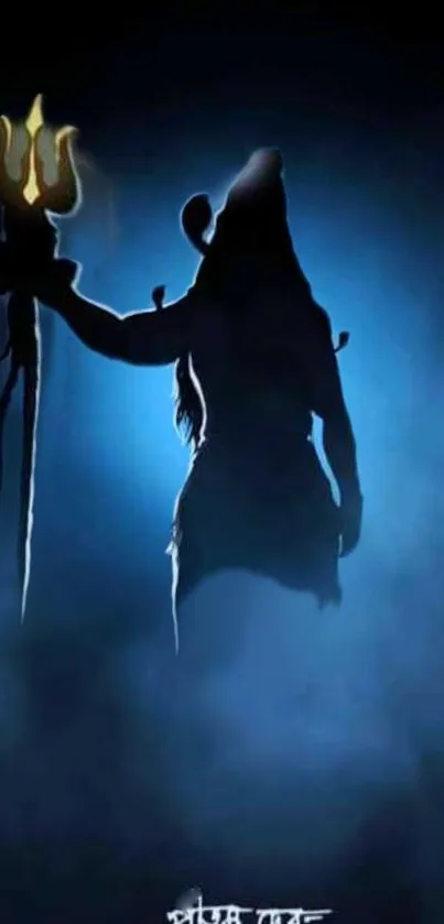 Silhouette of Shiva with a glowing trident on a mystical blue background.