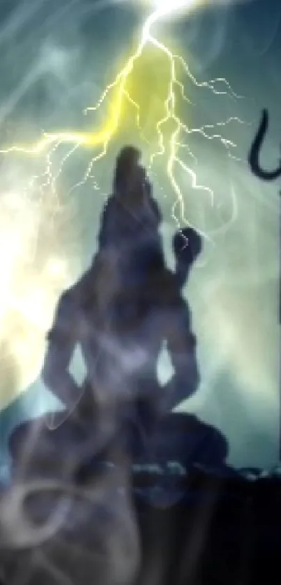 Silhouette of Shiva under moonlight with lightning striking above.