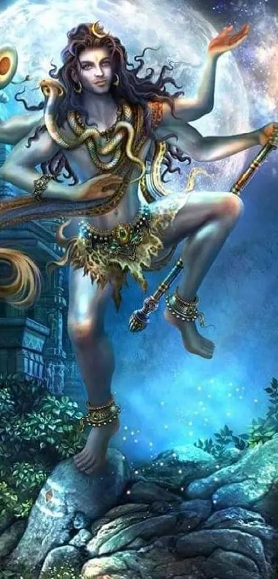 Mystical Shiva art with moonlit background, rich in mythology and divine energy.