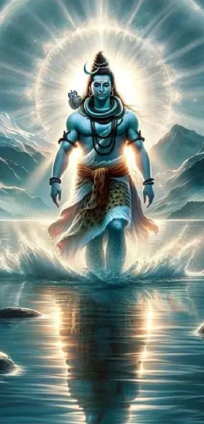 Mystical depiction of Lord Shiva walking on water, surrounded by light and mountains.