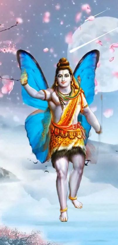 Shiva with butterfly wings set against a serene moonlit background.