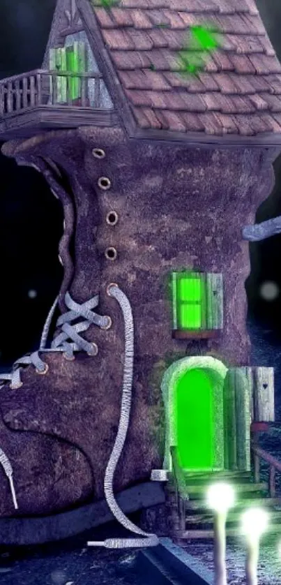 Mystical shoe-shaped house glowing in green light on a dark night background.