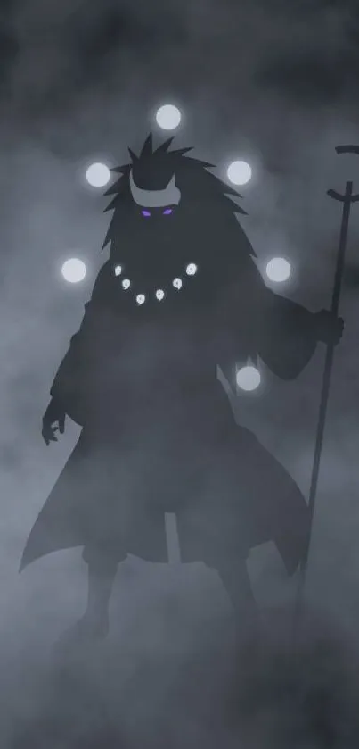 Shrouded figure with orbs in foggy setting.