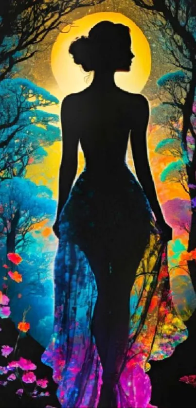 Silhouette of woman in colorful mystical forest wallpaper.