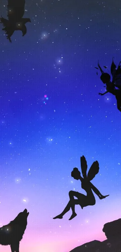 Silhouette of fairies, wolf, and eagle against a starry indigo sky.