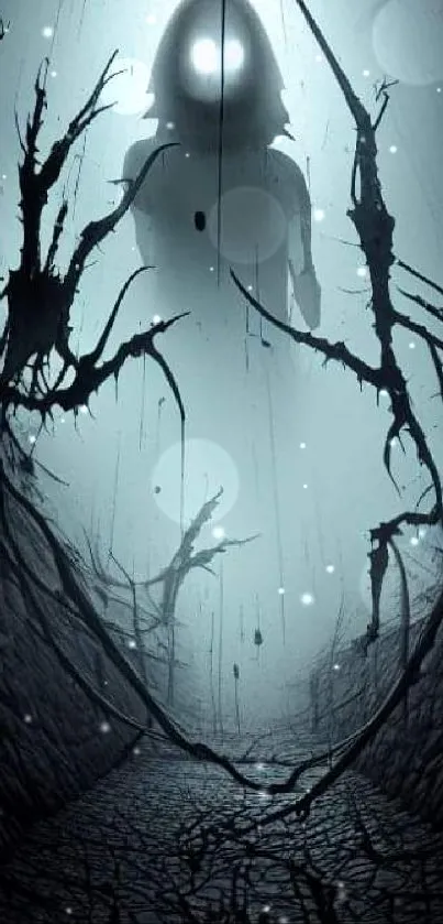 Dark forest with mystical silhouette and eerie branches.