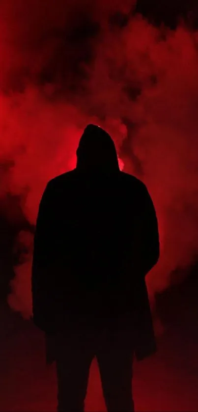 Hooded silhouette in red smoke, creating a mysterious and dramatic effect.