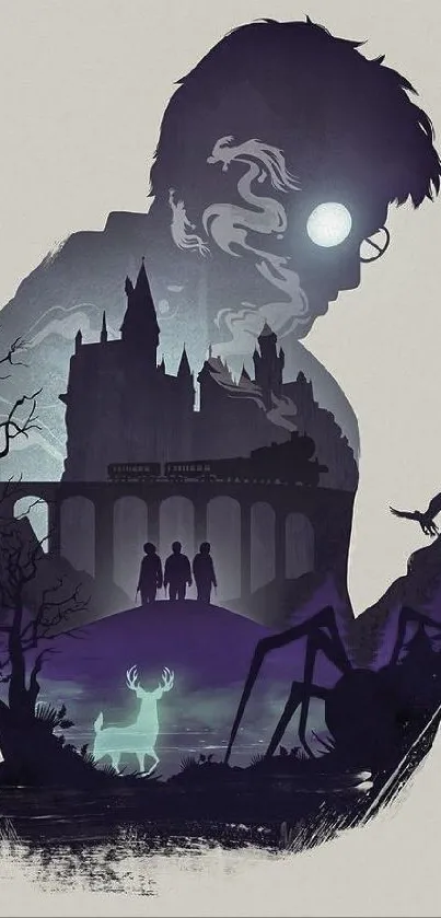 Mystical silhouette mobile wallpaper with magical elements and castle scene.