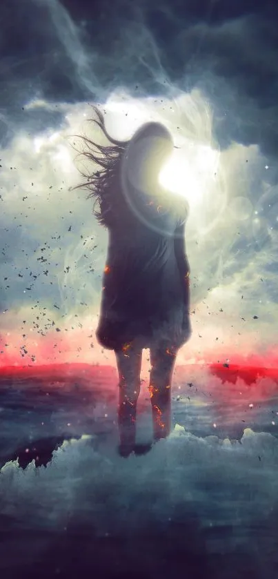 Ethereal figure silhouette amidst stormy colors in mystical mobile wallpaper.