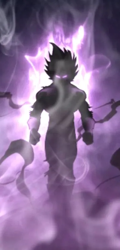 Silhouette of a figure surrounded by purple mist and mystical energy.